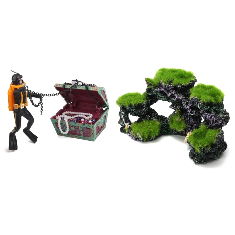 

2 Pcs Resin Aquarium Coral Reef Moss Rock Treasure Hunter Fish Tank Marine Island Ornament Cave Decor Green & Black