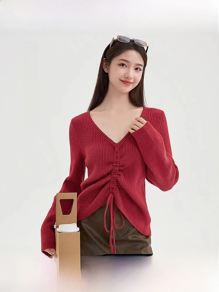Sanfu Red Knit новинка 2024 осенний плиссированный укороченный свитер с v-образным