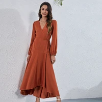 women office tie up wrap maxi dress elegant fashion solid color long sleeve v neck flared a line long dress