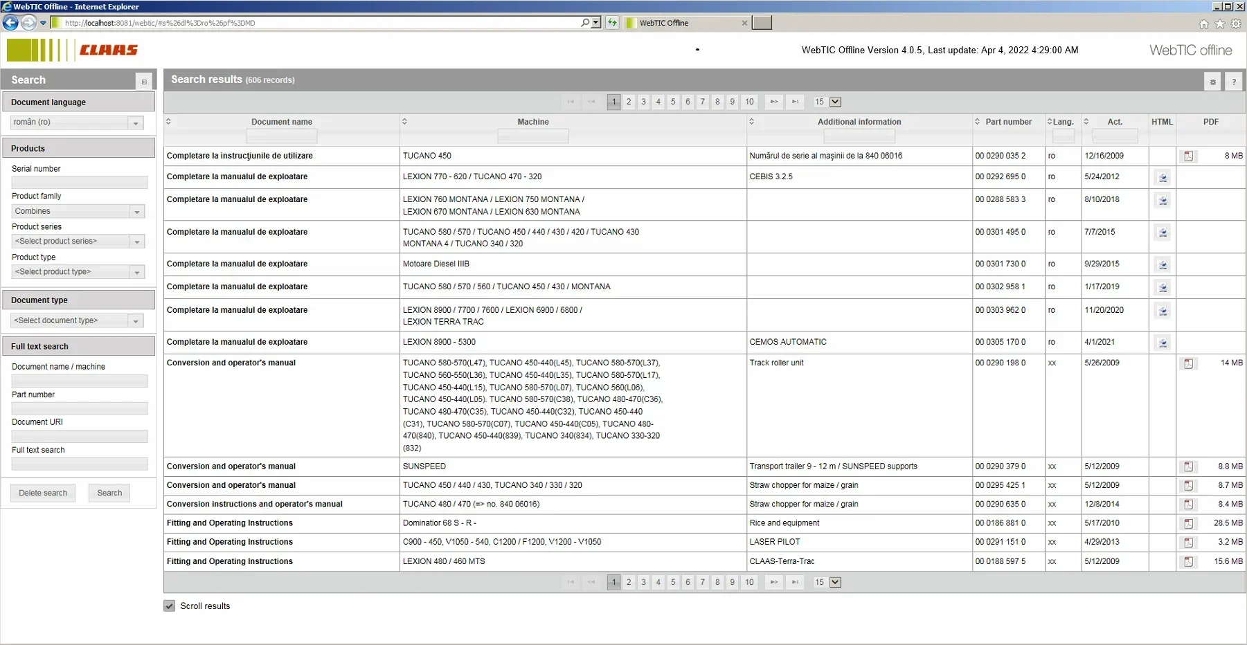 Фото EPC-OFTWARE CLAAS WebTIC Offline RO_ROMANI 05.2025 Оператор Руководство по ремонту и обслуживание Документация DVD №3
