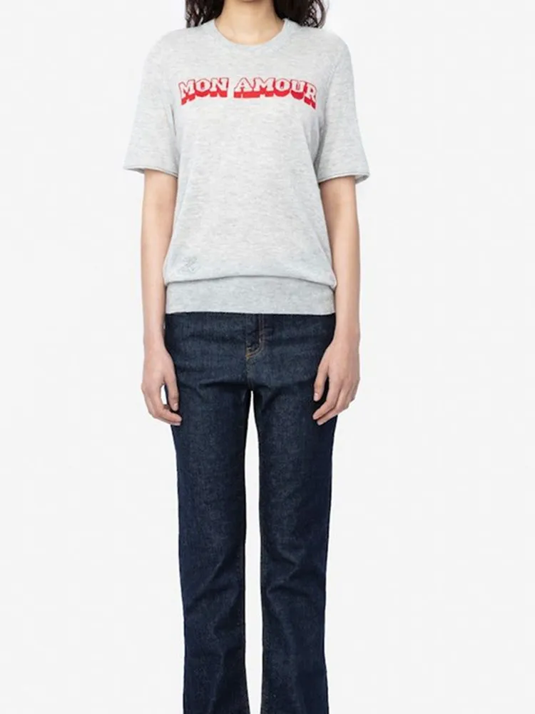 

Women Sweater Letter Short Sleeve Knitted Pullover Casual Tee