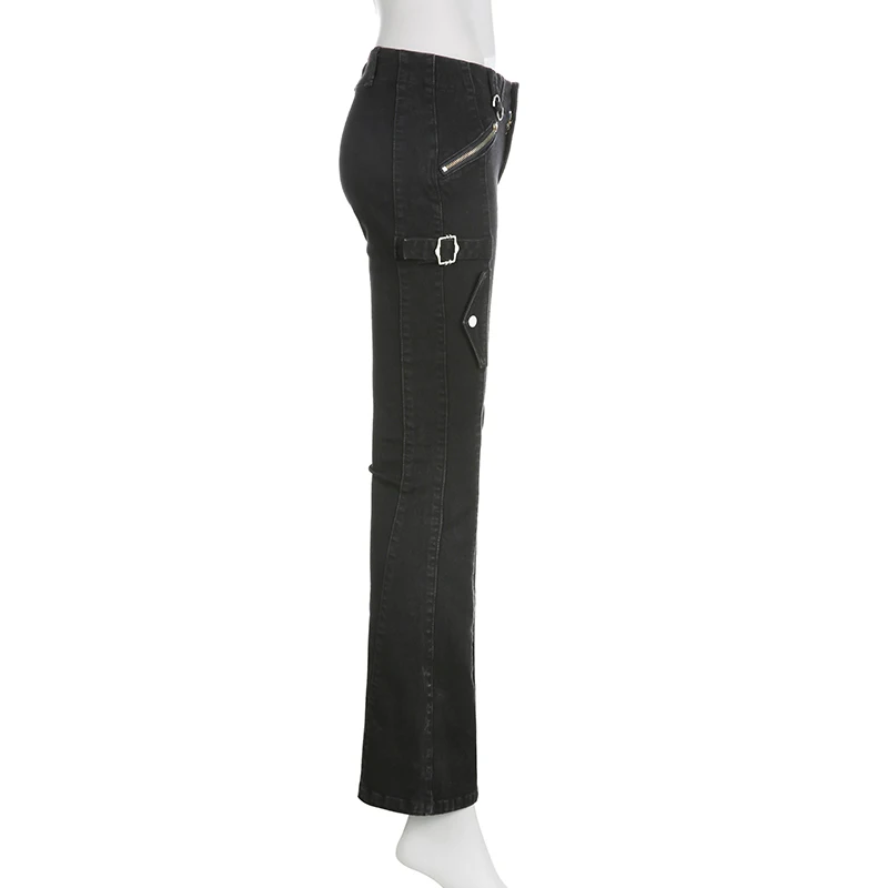 Gothic Punk Buckle Skinny Flare Jeans Women Slim Black Harajuku Denim Low Waist Trousers Korean Stretch Capris Pants