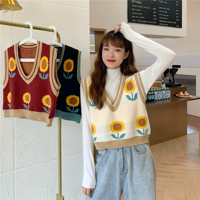 

Vest Autumn and Winter 2022 New Women's Sunflower Sleeveless V-Neck Pullover Loose Knitted Sweater Sweater Top Women's Clothing