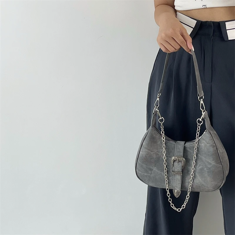 Hobos Shoulder Bags for Women Leather Designer Chain Underarm Bag Street Crescent Handbags and Purse Vintage Girl Shopper Pocket