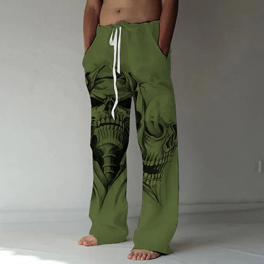 Spring Autumn Men's Fashion Straight Trousers Elastic Drawstring Design Front Pocket Pants Skull Graphic Printed  Comfort Soft