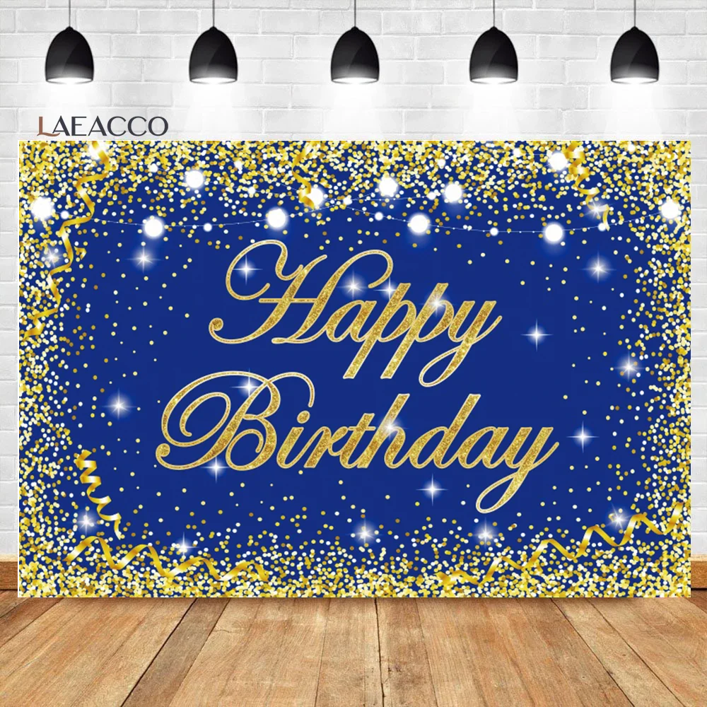 

Laeacco Королевский синий и золотой фон для вечеринки в честь Дня Рождения с блестками в горошек для мужчин и женщин портрет индивидуальный фон для фотосъемки
