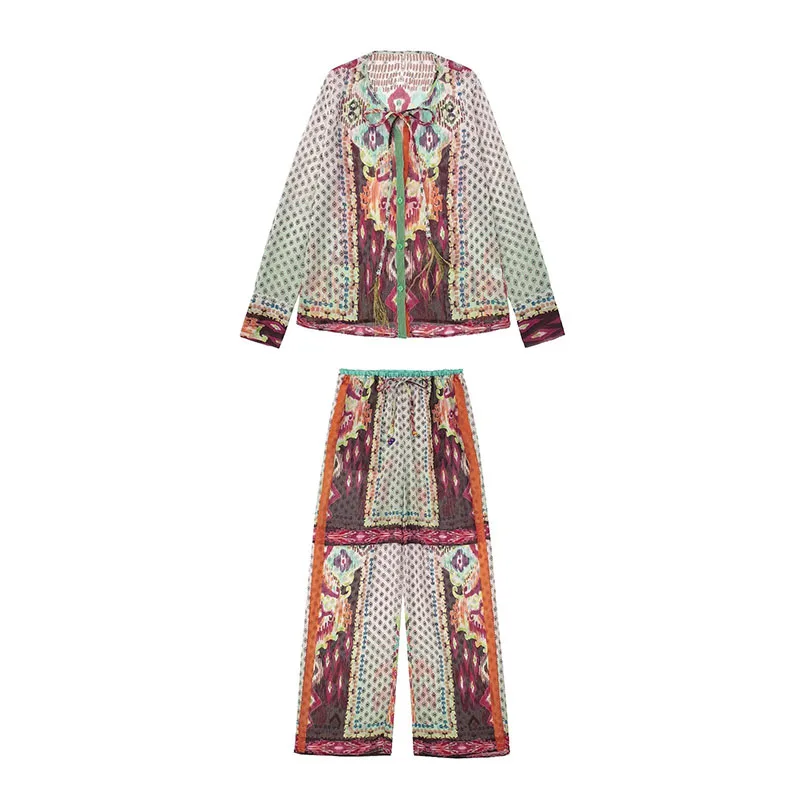 

Printed Shirt Women 2022 Button Up Vintage Long Sleeves Top Fashion Lacing O-Neck Summer Elegant Women Blouses
