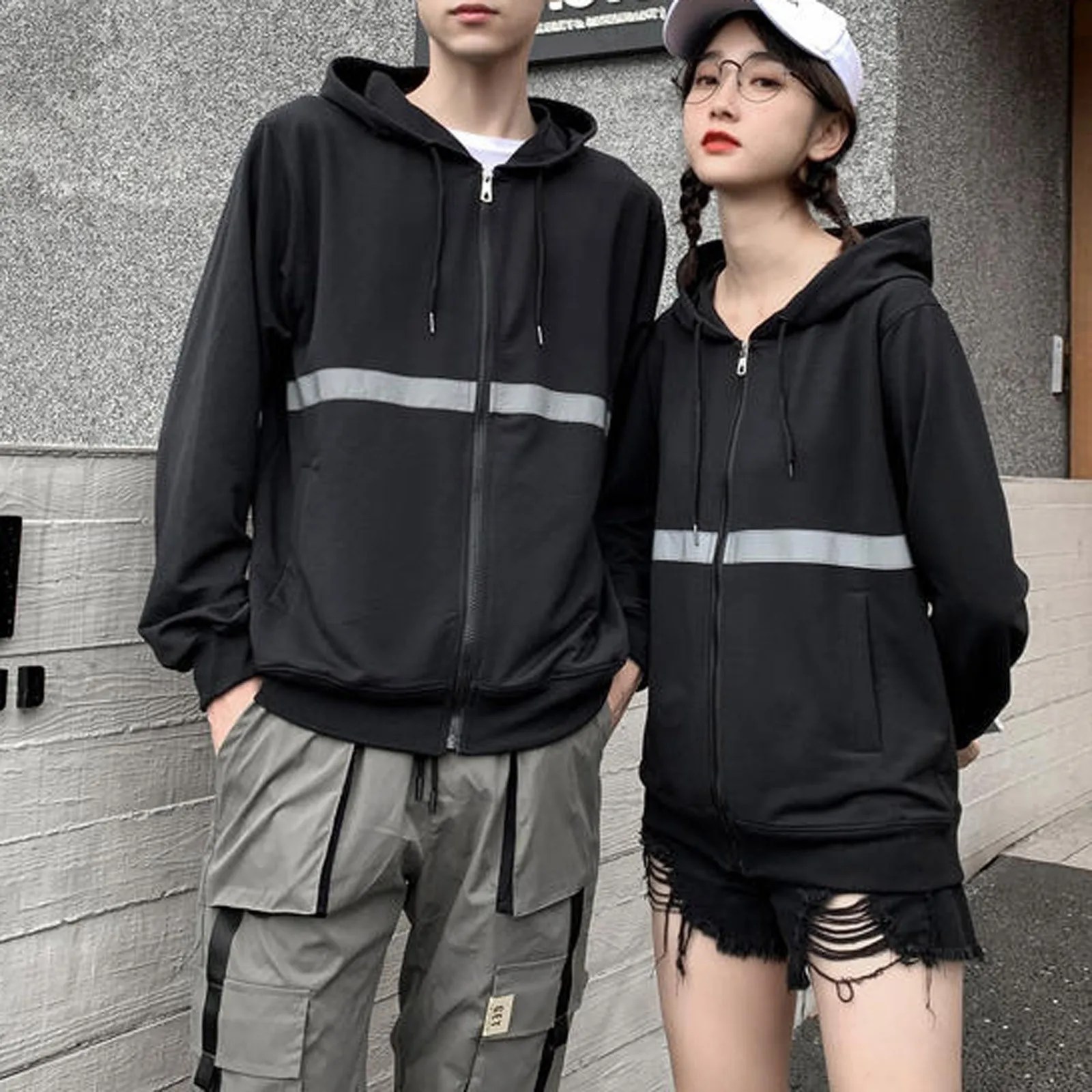 

Unisex Couple Fashion Casual Long Sleeve Reflective Sweatshirt Zipper Hooded Coat Bicycle Hiking Sweatshirt Tops Streetwear