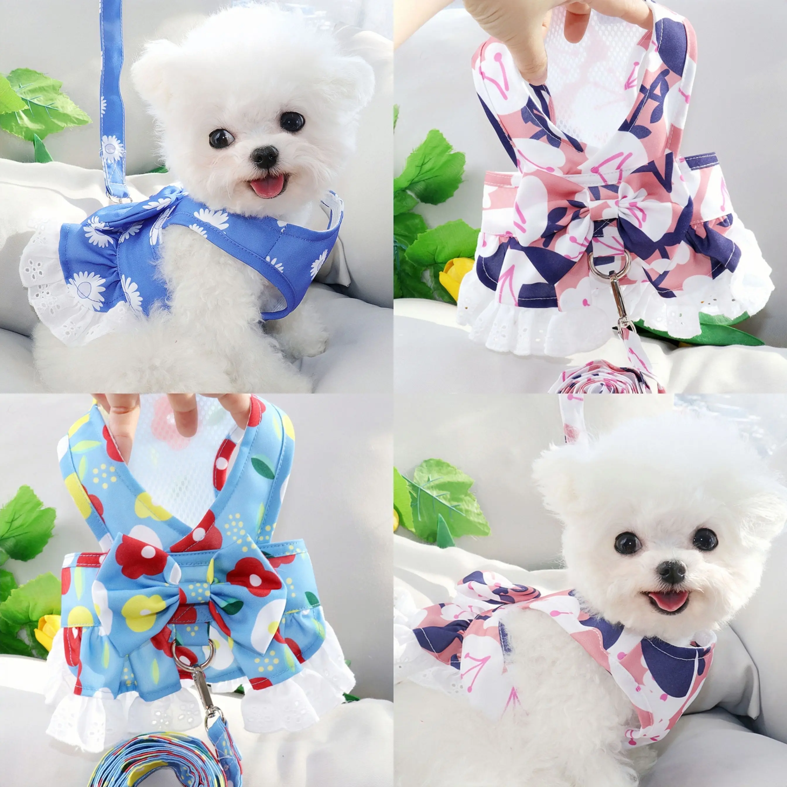 Spring and Summer Pet Chest Strap Skirt Kitty Puppy Harness Traction Rope Small and Medium-sized Dog Sweet Dress Maltese Poodle