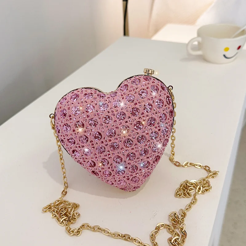 

Mini Heart Bags for Women Fashion Sparkle Diamond Handbag Party Luxury Cute Small Purse Chain Evening Shell Shoulder Bag Woman