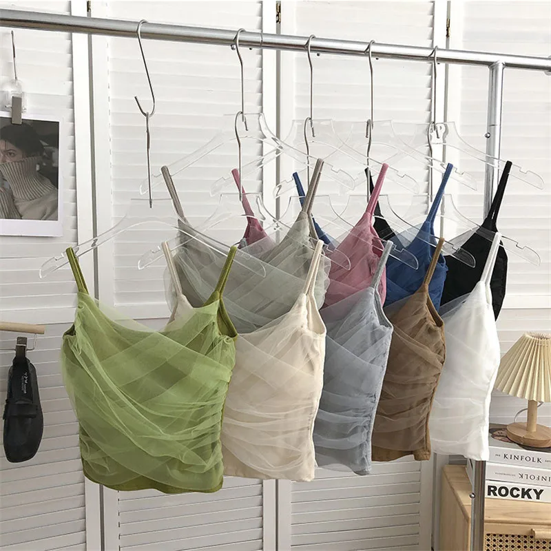 

Summer Sexy Strapless Mesh Patchwork Camis Women Slim With Chest Pad Short Tank Female Sleeveless Backless Spaghetti Strap Tops