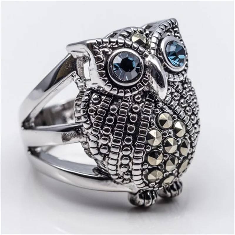 

Elegant Cute Silver Colors Owl Rings for Women Trendy Metal Inlaid Blue Stone Wedding Engagement Jewelry