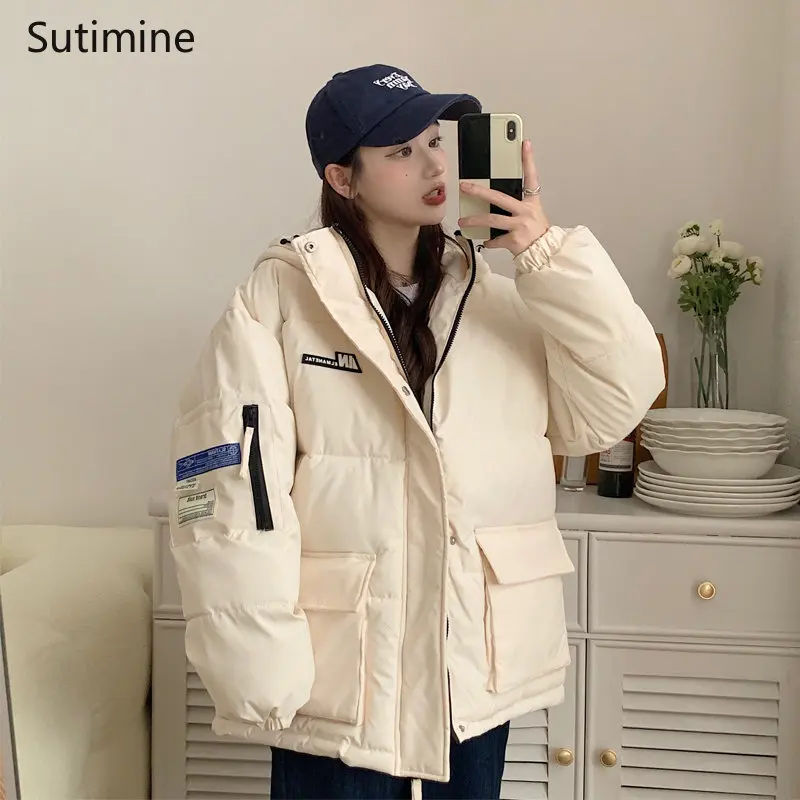 College Style Cotton Padded Jacket Women's Loose Hooded Office Lady Winter Coat for Women Black Zipper Coat Women Winter 2022