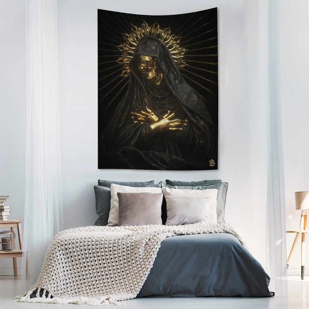 

Saint Religion Tapestry White Black honduras gold skull Tapestry Wall Hanging Tarot Hippie Wall Rugs Dorm Decor Blanket