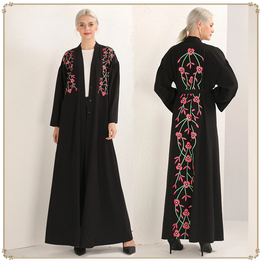 

Muslim Fashion Middle Eastern Women Dress Kaftan Islamic Abaya Dubai Femme Turkish Tangled Floral Black Arabian Cardigan Robe