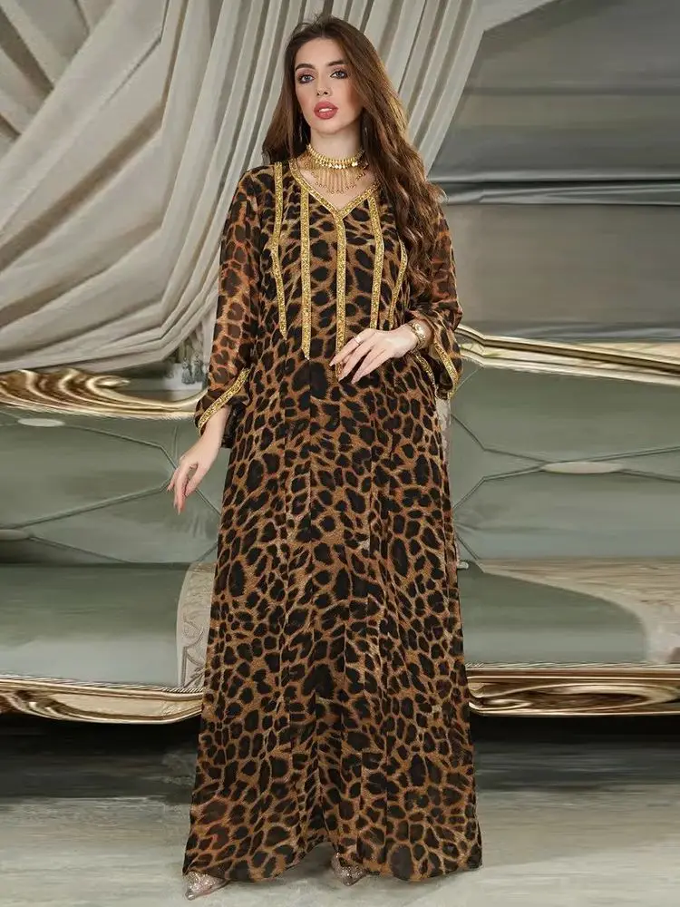 Длинное платье-макси для женщин, Рамадан, ИД, Мубарак, кафтан, леопардовая ткань, яркое мусульманское платье, длинвечерние вечернее платье