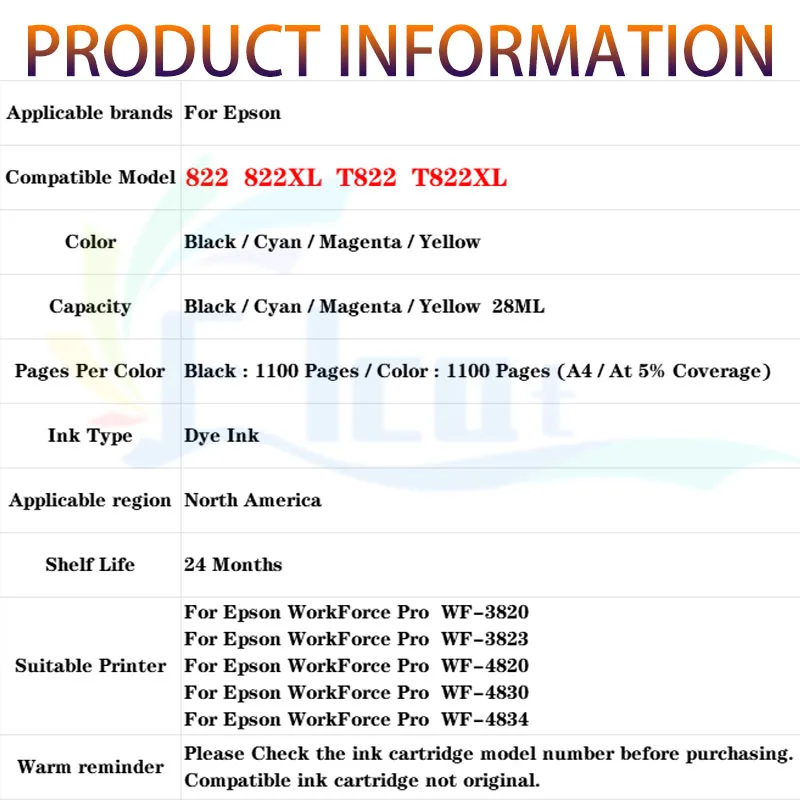 822XL 822 XL T822XL T822 картридж, совместимый с принтером Epson WorkForce Pro WF-3820 WF-3823 WF-4820 WF-4830 WF-4834 (art.: 3920ce2ebbb65) - 3920ce2ebbb65