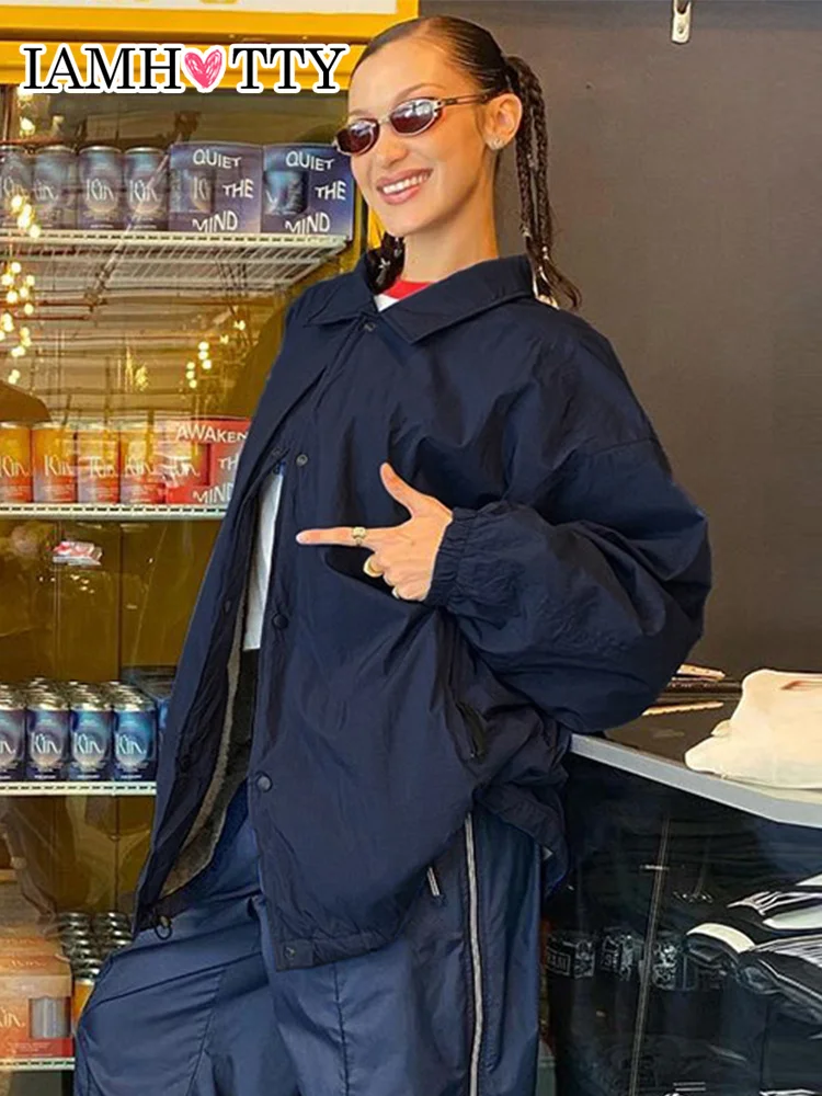 

IAMHOTTY Drawstring Single-breasted Cargo Jacket Loose Oversized Sweatshirt Autumn Turn-down Collar High Streetwear Fall Coat