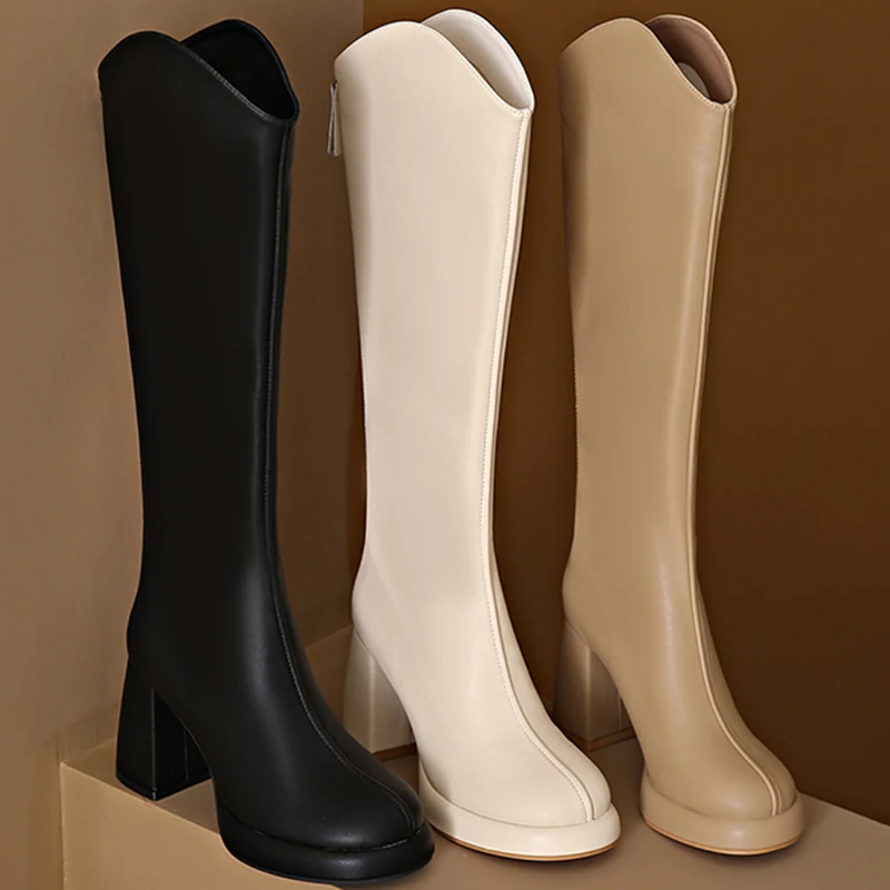 

Plus Size 34-43 Shoes Women Thigh High Boots Beige 8cm Thick High Heels Zipper Long Knight Boots Winter Chunky Knee High Boots