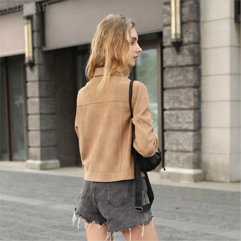 Women Real Suede Fashionable Coat Real Suede Fashion Simple Biker Coat Spring Summer Autumn Pure Color Lapel Classy Jackets Coat