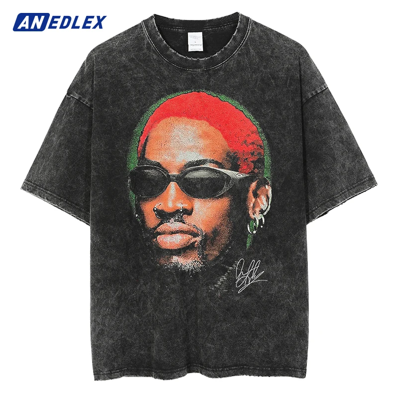 

Summer Men Washed Cartoon T Shirt Hip Hop Streetwear Rodman Portrait Graphic T-Shirt Short Sleeve Tshirt Harajuku Loose Tops