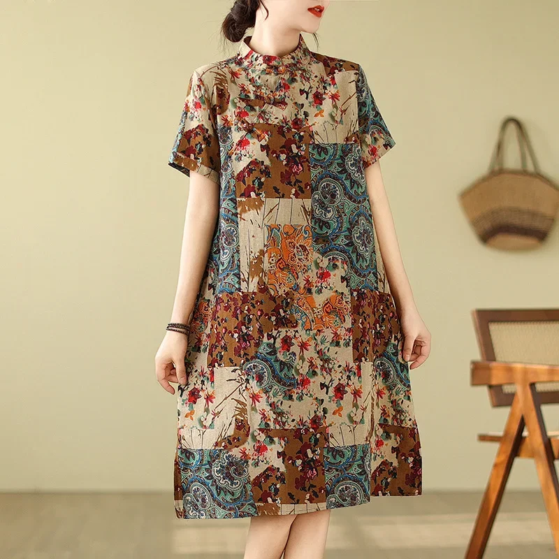 Винтажное художественное китайское платье новинка лета 2024 свободное женское