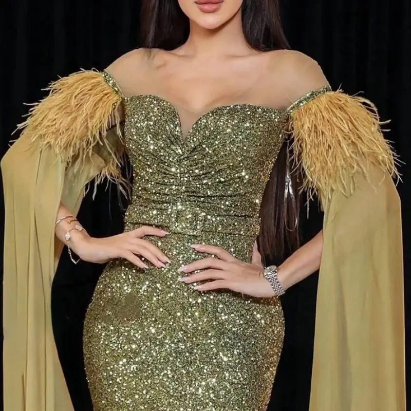 Элегантное роскошное женское вечернее платье с блестками и рукавом накидка 2024
