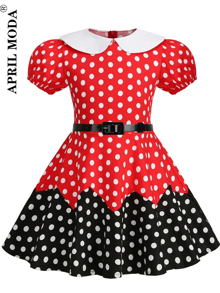 

2023 Girls Vintage Casual Swing Summer Dress Polka Dot Print Patchwork Peter Pan Collar Retro 50s Princess Party Dress With Belt