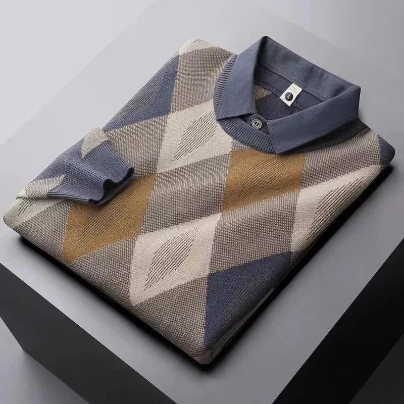 Luxurious Knitted Coat Plaid Imitation Two-piece Sweaters Men's Shirt Collar Fashion Pullover British Style High-end Sweater