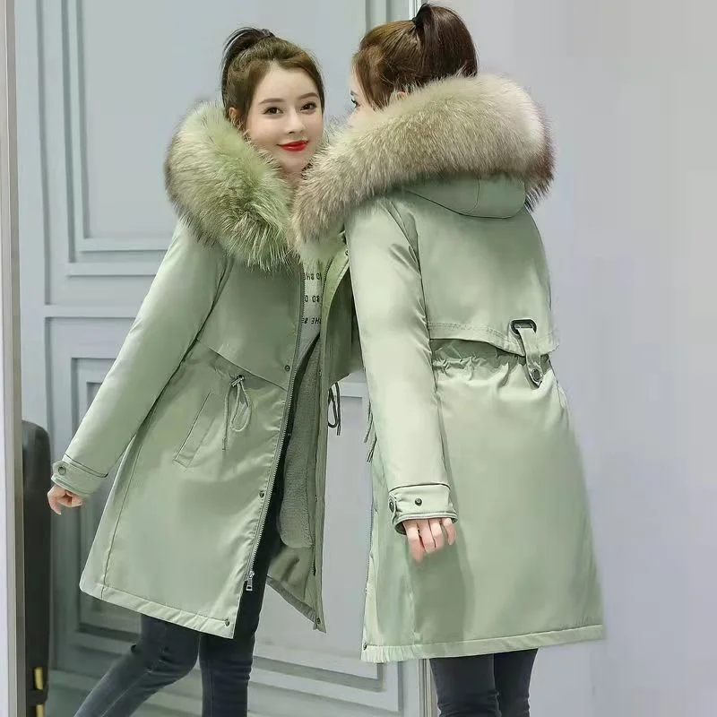 Women's Winter Large Fur Collar Cotton Coats Plus Velvet Thicken Warm Parka Female Student Mid-Length Casual Loose Padded Jacket