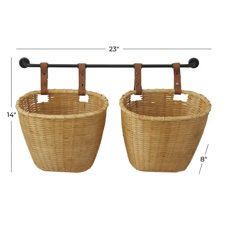 

Beautiful 14" Brown Bamboo Hanging Kitchen Wall Basket with Black Rod and Faux Leather Straps, 1-Piece for Easy Organization and