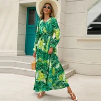 spring summer maxi dresses floral printed full sleeve v neck lace up party muslim dress women casual bohemian beach long dress