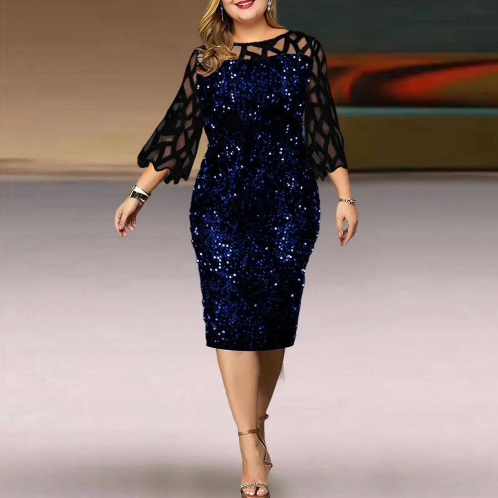

Noble Temperament Soft Sequins See-Through Mesh Patchwork Plus Size Lady Evening Dress Daily Clothing