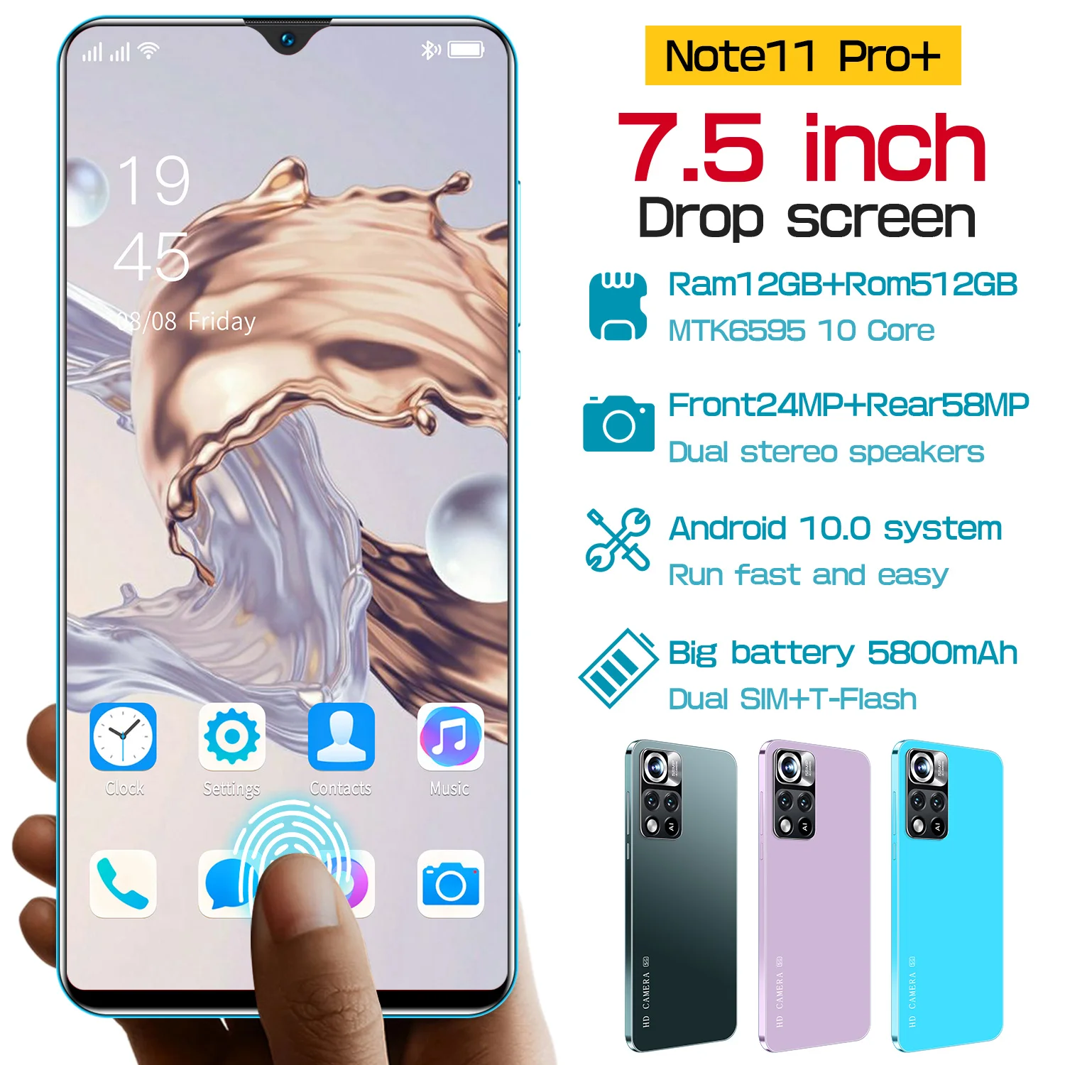 Смартфон Note 11 Pro + телефон с экраном 7 5 дюйма HD 12 Гб ОЗУ 512 ПЗУ Android Phone 24 58 Мп