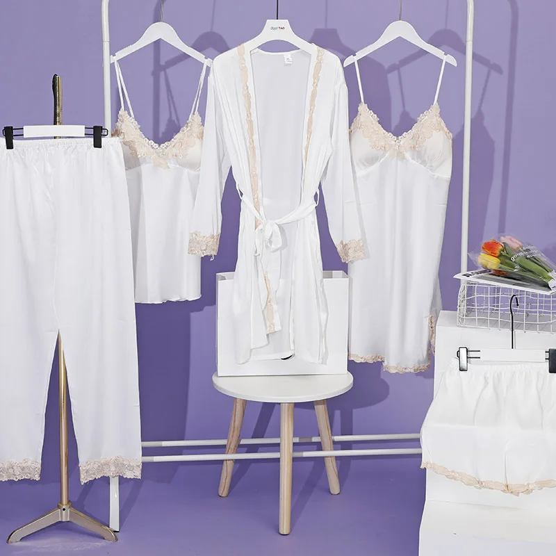 5 Piece Women's Pajama Set Lace Sexy Pajamas Nightdress Ladies Ice Silk Soft Comfort Set Spring Summer Homewear