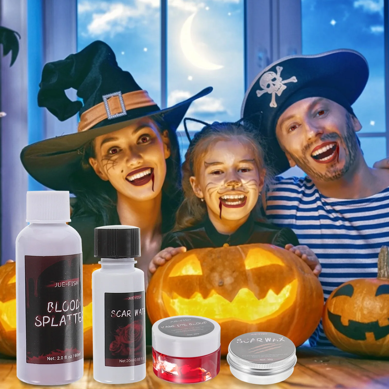Набор для создания ложных ран и эффектов крови на Хэллоуин - восковая макияжная паста, специальные краски для кожи, имитирующие ссадины, паста для рубцов и сгустившейся крови, распыляемое тело сплэш.
