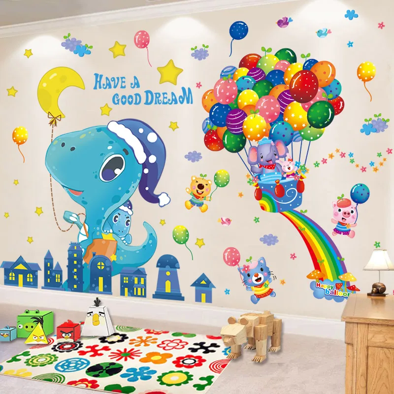 

[SHIJUEHEZI] Cartoon Balloons Wall Stickers DIY Dinosaur Animals Mural Decals for Kids Room Baby Bedroom Nursery Home Decoration