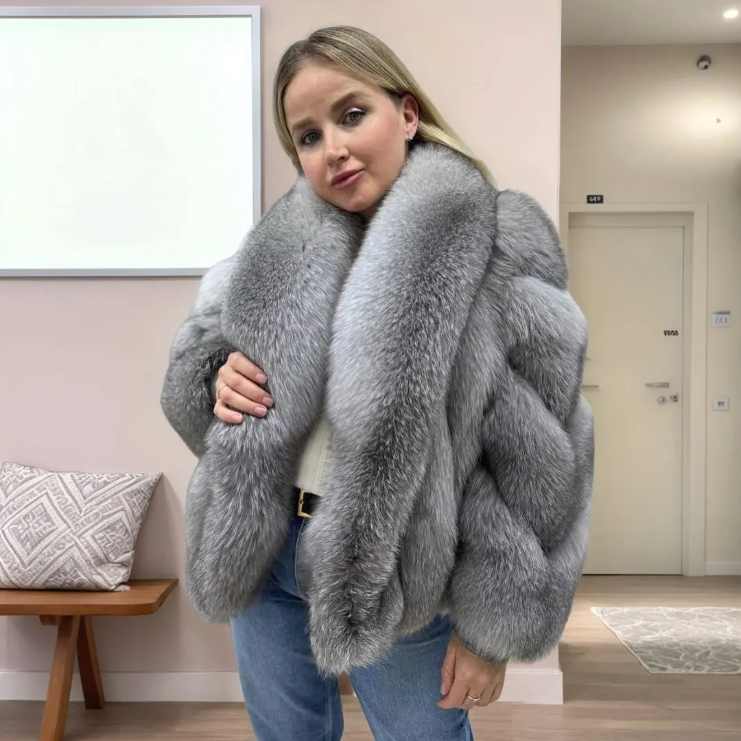 Роскошное женское пальто из натурального синего морового лисьего меха зимнее