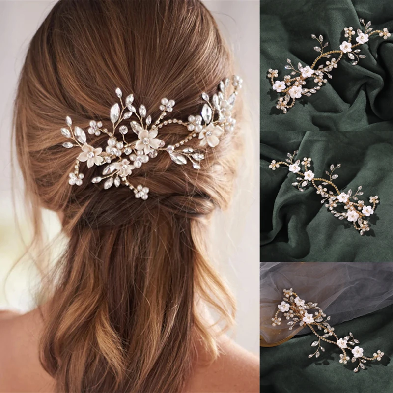 

Gold Color Pearl Flower Crystal Hair Clip Pin For Women Bride Party Bridal Wedding Hair Accessories Jewelry Clip Headpiece Tiara