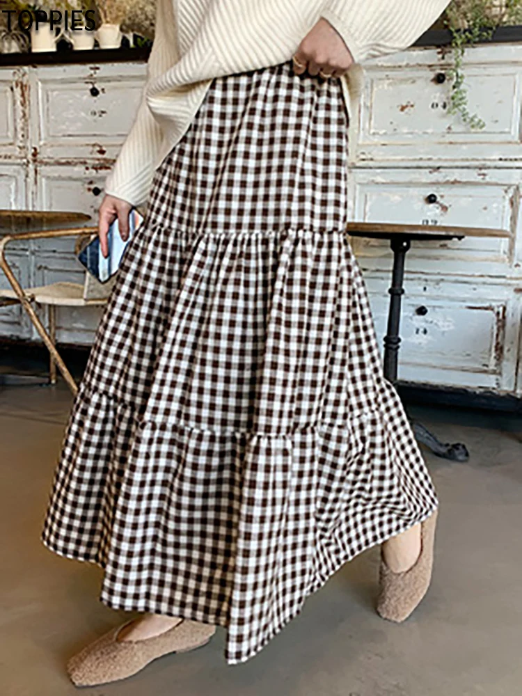 

Autumn Korean style fashion rubber band skirt placket cake skirt plaid long skirt