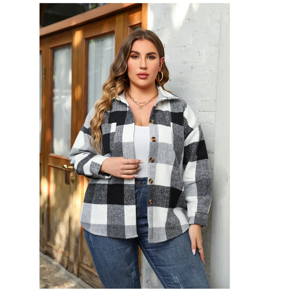 

Plus Size Large women's autumn and winter woolen Plaid casual shirt coat