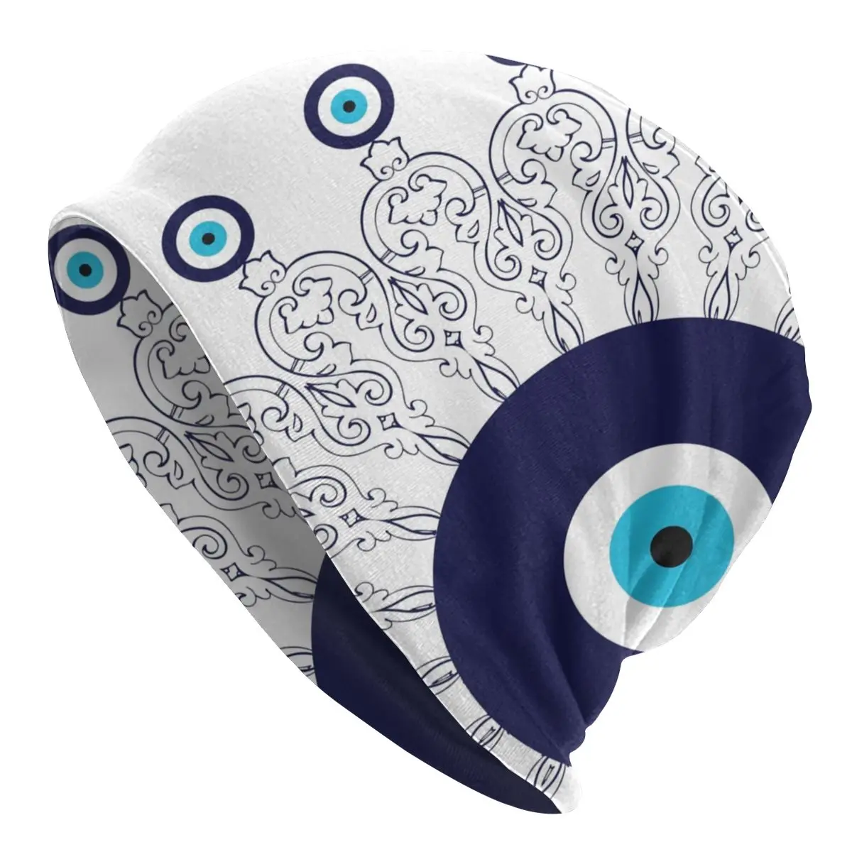 

Navy Blue White Mediterranean Evil Eye Mandala Pattern Beanie Bonnet Knitting Hat Bohemian Boho Warm Skullies Beanies Caps