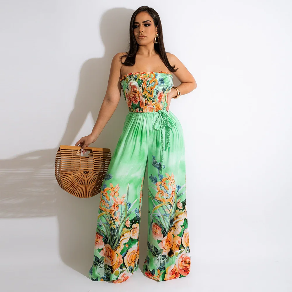 

Casual Fashion Jumpsuit Sexy Bandeau Print Loose Jumpsuit With Belt Loose Beach Summer 2022 New Female Clothing Office Lady