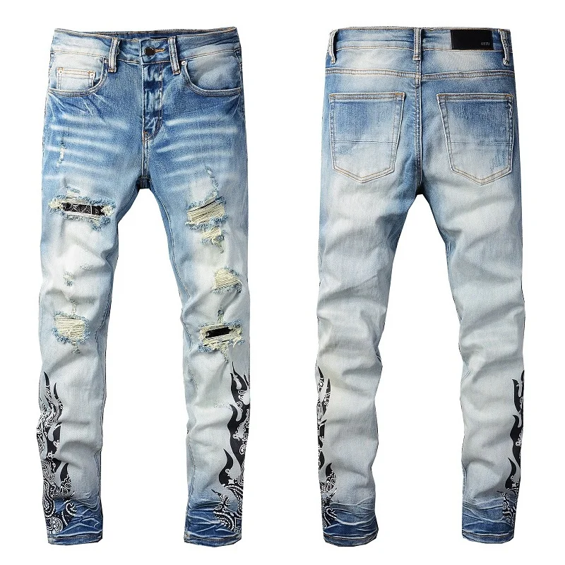 

2022 Autumn Hip Hop Vintage Hole Jeans Men High Quality Jeans Blue Jeans Fire Print Slim Streetwear Motorcycle Jeans Pants