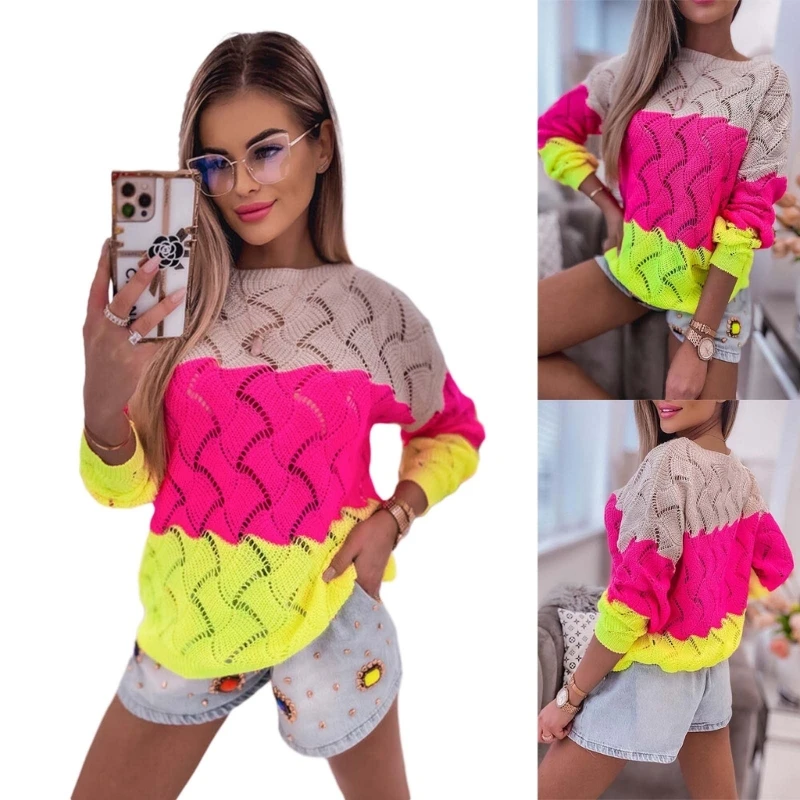 

50JB Long Sleeve Hollow Out Sweater Casual Crochet Knit Pullover Blouses