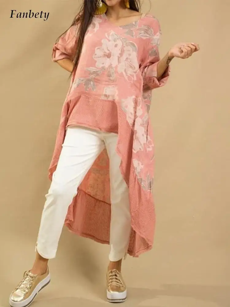 

Spring Women Casual Loose Irregular Blouses Shirt Long Sleeve Skew Collar Off Shoulder Tops Elegant Floral Printed Long Blouse