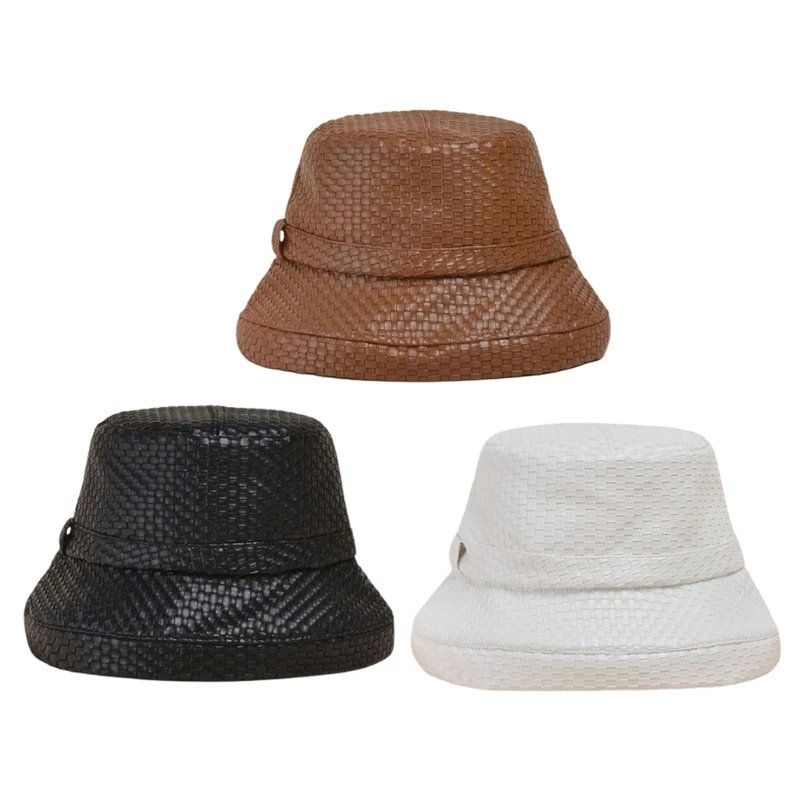 

2XPC Japanese Style Women Vintage Imitation Leather Bucket Hat Woven Plaid Solid Color Wide Brim Sunscreen Winter Autumn Panana