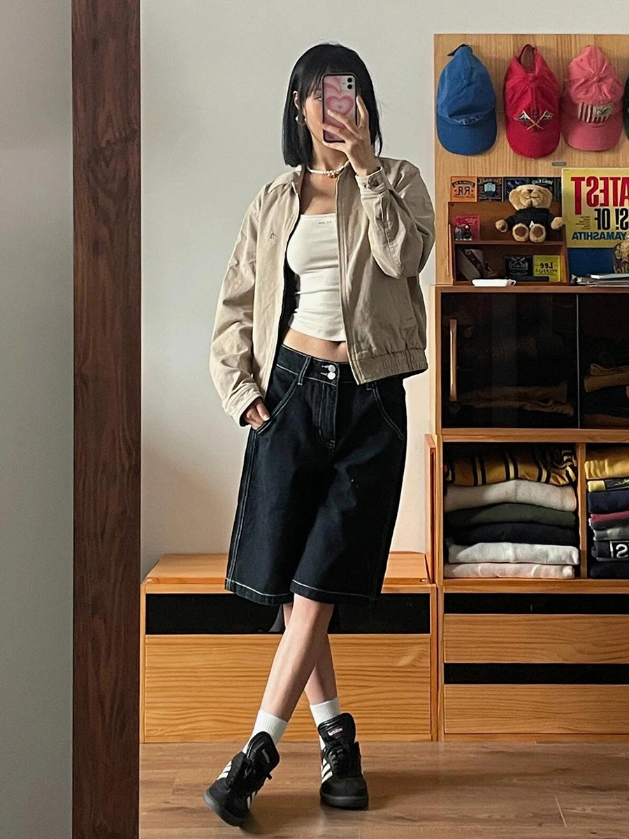 Cyk białe czarne luźne spodenki damskie z podwójnymi guzikami i wysokim stanem proste szerokie nogawki dżinsowe szorty w stylu casual letnia