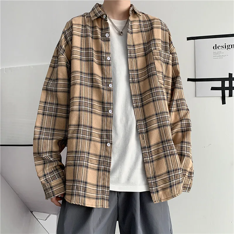 

Harajuku Khaki Checked Shirt Jacket For Men Oversized Button Blouse Japanese Style Fashion Streetwear Unisex Casual Men's Shirt