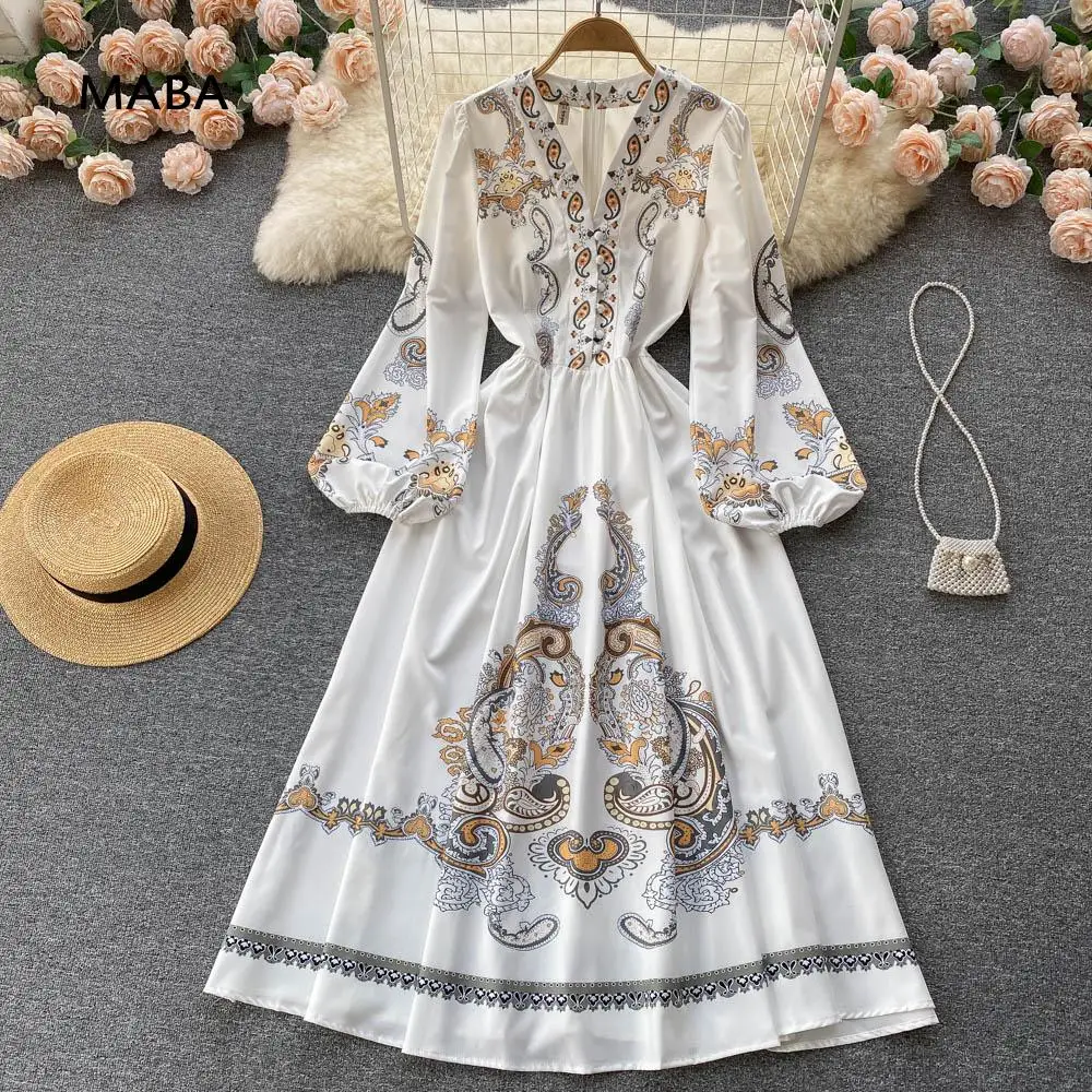 

Vintage Puff Long Sleeve Print White Dress Women 2022 Spring New Female V-neck High Waist Elegant Luxury Runway Maxi Dresses